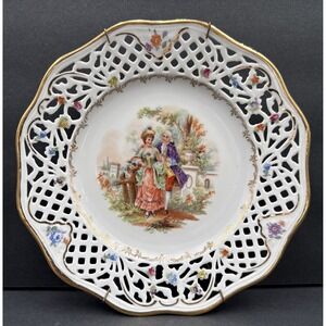 Vtg Lattice Decor Plate Gold Trim Victorian Couple Courting Germany Cico China